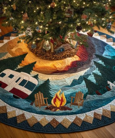 Sunset Camper Quilted Christmas Tree Skirt — Warm Sunset Rv Holiday Decor, Cozy Quilting, Perfect For Camper & Cabin Celebrations