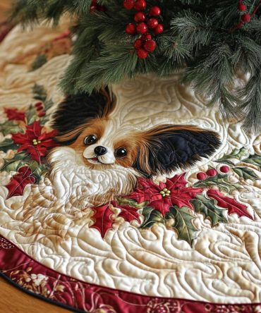 Sunshine Papillon Quilted Christmas Tree Skirt - Bright Papillon Dog Holiday Decor, Soft Quilting For A Cheerful Seasonal Base