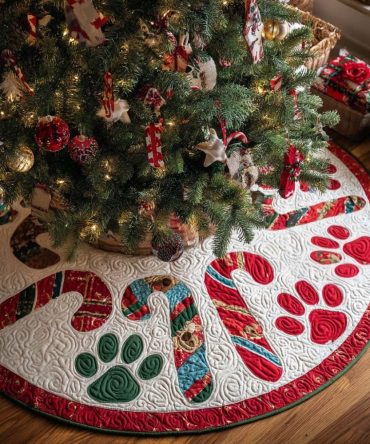 Sweet Paws Quilted Holiday Tree Skirt - Adorable Pastel Paw-Print Christmas Tree Skirt For Nurseries, Pet Spaces & Cozy Rooms