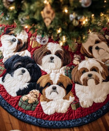 Sweet Shih Tzu Quilted Christmas Tree Skirt: Adorable Shih Tzu Pattern, Pom Edge & Cozy Layering For Family Rooms And Gift Displays