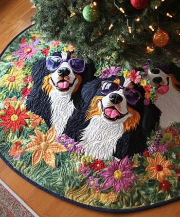 Swiss Meadows Quilted Holiday Tree Skirt — Floral Alpine Motif Christmas Base Cover For Warm, Traditional Seasonal Decor