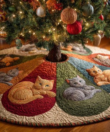 Tabby Dreams Quilted Cat Christmas Tree Skirt - Whimsical Tabby Cat Design, Hand-Quilted Cotton, Reversible & Easy Care Holiday Decor