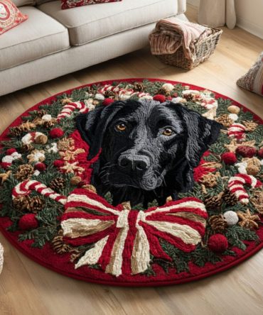 Tartan Black Lab Round Rug — Classic Plaid Labrador Circular Area Rug, Durable Low-Pile Accent For Pet Homes & Entryways, Easy-Clean Backing