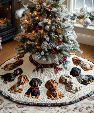 Tartan Doxie Cheer Quilted Christmas Tree Skirt - Classic Plaid & Dachshund Motif, Cozy Quilting & Timeless Holiday Style