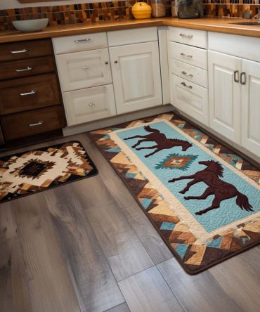 Teal Horses Kitchen Rug — Vibrant Horse Pattern Area Rug, Non-Slip, Fade-Resistant Floor Mat For Coastal & Southwestern Kitchens