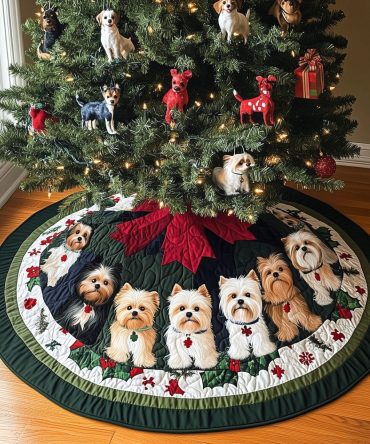 Terrier Christmas Charm Quilted Tree Skirt — Charming Terrier Holiday Tree Skirt, Quilted Festive Décor For Dog-Loving Homes