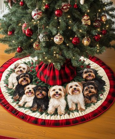 Terrier Tails Quilted Christmas Tree Skirt — Playful Terrier Tail Holiday Skirt, Quilted Dog-Themed Christmas Home Accent