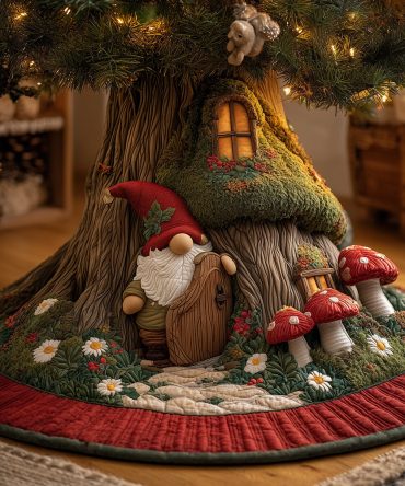 The Cozy Gnome Den Quilted Christmas Tree Skirt — Whimsical Gnome Holiday Tree Skirt, Soft Quilting For Cottage & Scandinavian Inspired Decor