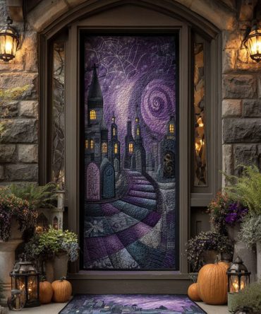 The Hollow Stare Quilted Halloween Door Cover — Intense Hollow-Eyed Face Front Door Panel To Scare And Impress