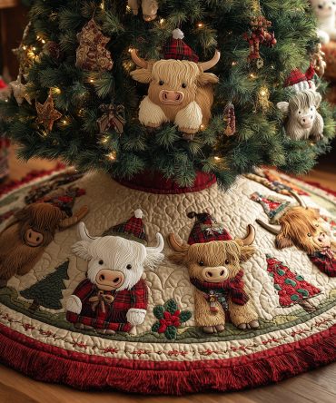 Jolly Heifers Farmhouse Quilted Holiday Tree Skirt — Premium Cotton Blend, Soft Padding, Machine Washable, Perfect Gift For Christmas Trees