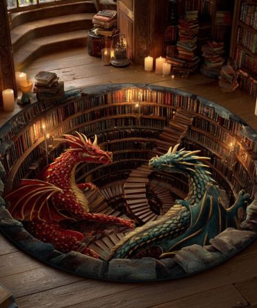 Library Duo Round Area Rug — Twin-Book Illustration Round Accent Rug For Reading Rooms, Living Spaces & Cozy Corners