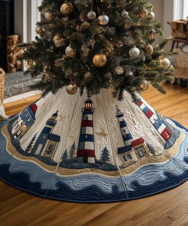 Lighthouse Village Quilted Christmas Tree Skirt — Nautical Holiday Decor, Coastal Quilted Base For Seaside-Themed Trees