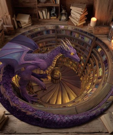Scholar Dragon Round Area Rug — Majestic Dragon Scholar Design Rug For Study, Kids Room, Library & Fantasy Decor