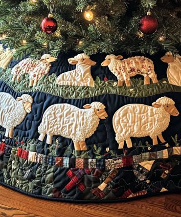 The Wool Gathering Quilted Christmas Tree Skirt - Cozy Sheep-Themed Holiday Mat, Soft Quilted Cotton-Blend For Rustic Charm