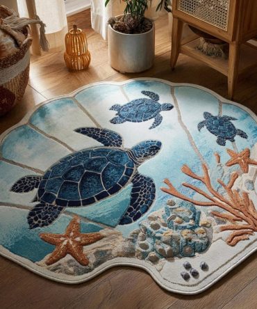 Tidal Harmony Custom-Shaped Area Rug — Elegant Tide And Wave Motif, Low-Profile Washable Coastal Rug With Non-Slip Backing For Modern Shoreside Decor