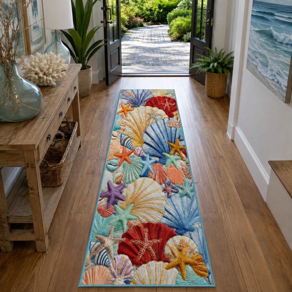 Coastal Conch Runner Rug — Tidal Whisper Hallway Carpet Runner For Entryway, Seashore Style Accent With Easy-Care Performance