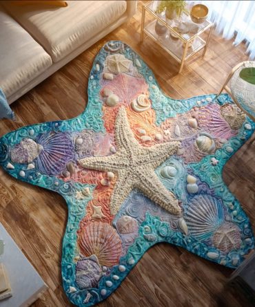 Tidepool Beauty Shaped Rug - Coastal Tidepool Design Floor Mat With Starfish & Shells, Plush Machine-Washable Beach Vibe Accent