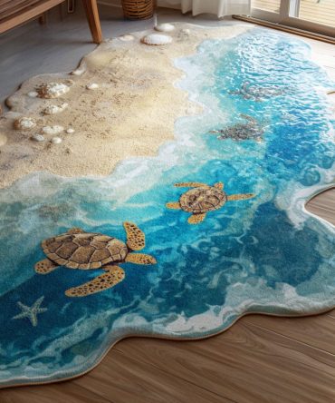 Tides Of Serenity - Custom-Shaped Ocean Blue Area Rug For Bedroom & Living Room, Plush Low-Pile, Fade-Resistant Accent Rug