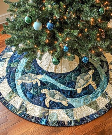 Tidings Turtle Quilted Coastal Tree Skirt — Beach-Themed Holiday Tree Cover With Turtle Motifs, Soft Quilting & Coastal Cottage Style, Limited Run