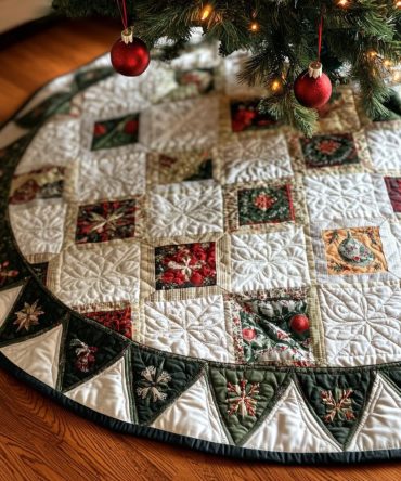 Tinsel Glow Quilted Christmas Tree Skirt — Shimmering Festive Base For Trees, Durable Quilted Fabric, Reversible & Easy Maintenance