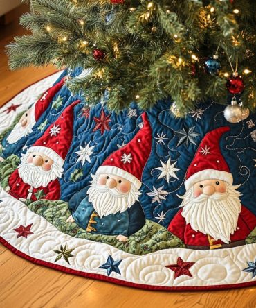 Tinsel Gnomes Quilted Holiday Tree Skirt — Sparkling Gnome Pattern Christmas Tree Skirt, Quilted Cozy Base Mat