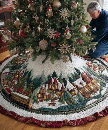 Tinsel Town Village Quilted Tree Skirt — Charming Holiday Village Design Christmas Base Cover For Cozy Seasonal Styling