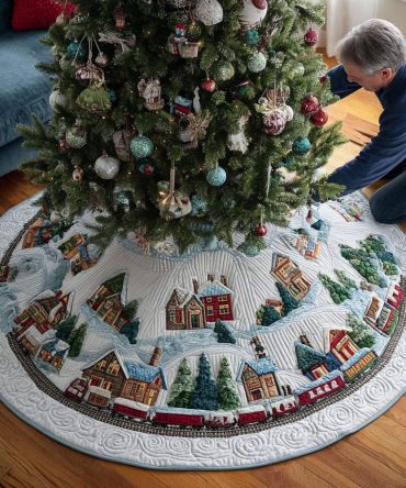 Tinsel Track Express Quilted Christmas Tree Skirt — Playful Train Motif Holiday Base Cover For Kids & Family Celebrations