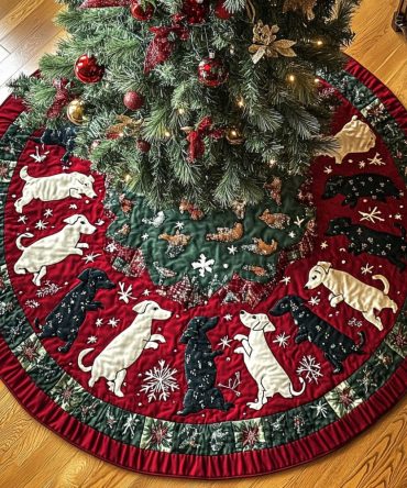 Tiny Paws Parade Quilted Tree Skirt – Cute Puppy Parade Holiday Accent, Quilted Dog Silhouette Pattern, Perfect Gift For Pet Parents