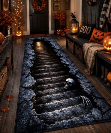 Tomb Descent Mourning Runner Rug — Subterranean Gothic Hallway Accent, Durable Non-Slip Low-Profile Design, Machine-Washable Entry Mat