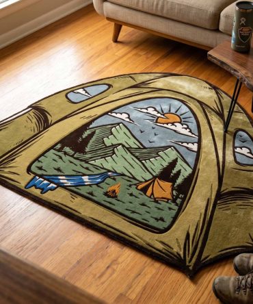 Trail Shelter Kids Rug — Custom-Shaped Durable Play Rug For Bedrooms & Playrooms, Soft Pile, Non-Slip Backing, Easy Care, Outdoor Theme