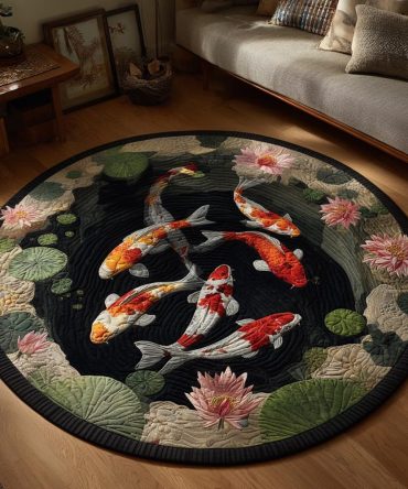 Tranquil Koi Circle Rug - Calming Round Area Rug With Subdued Koi Motif, Plush Comfort, Non-Skid Backing And Easy Spot-Clean Care