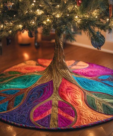 Tree Of Peace Quilted Holiday Skirt - Soft Quilted Fabric, Easy-Care Holiday Accent, Ideal Gift & Tree Base Cover