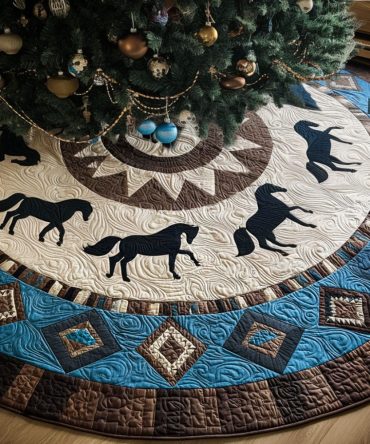 Tribal Gallop Quilted Christmas Tree Skirt — Bold Southwestern Pattern, Hand-Quilted Texture, Vibrant Rustic Holiday Accent, Durable & Eye-Catching