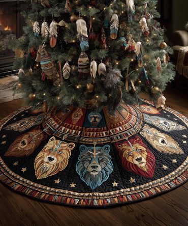 Tribal Quilted Christmas Tree Skirt — Tribal Watchers Design, Bold Geometric Holiday Accent For Boho & Rustic Interiors