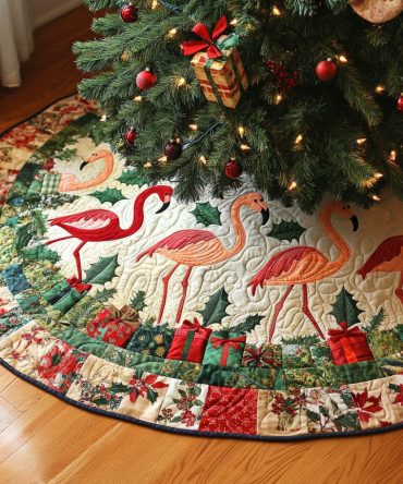 Tropical Noel Quilted Christmas Tree Skirt - Festive Tropical Holiday Skirt With Lush Leaves & Colorful Accents, Quilted Décor