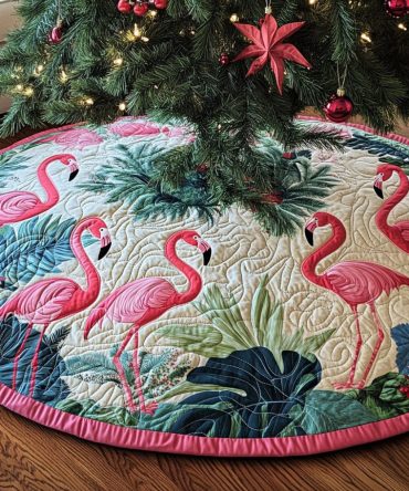Tropical Symphony Vibrant Quilted Christmas Tree Skirt - Bold Tropical Holiday Décor With Palm & Flora, Quilted Tree Skirt