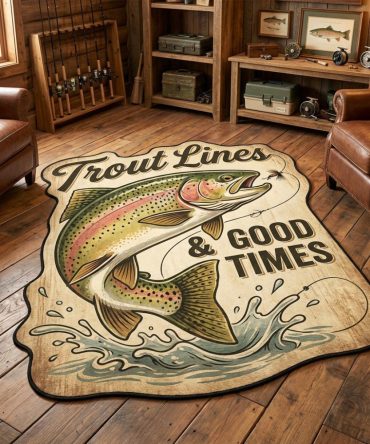Trout Times Custom-Shaped Area Rug — Vintage Trout Artwork, Soft Washable Accent Rug With Non-Slip Backing For Cabin & Kids Spaces