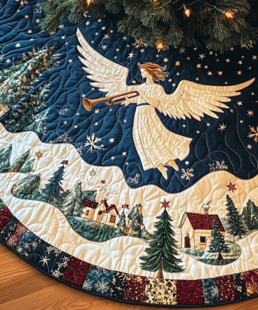 Trumpet Herald Quilted Christmas Tree Skirt — Musical Carolers & Trumpet Motif, Quilted Festive Tree Skirt For Classic Holiday Decor