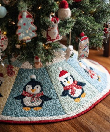 Tundra Penguin Quilted Christmas Tree Skirt - Cute Penguin Holiday Theme, Cozy Quilted Base To Brighten Winter Decor And Gifts
