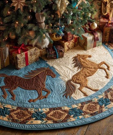 Turquoise Gallop Quilted Christmas Tree Skirt - Horse Silhouette Western Holiday Accent, 48In Round