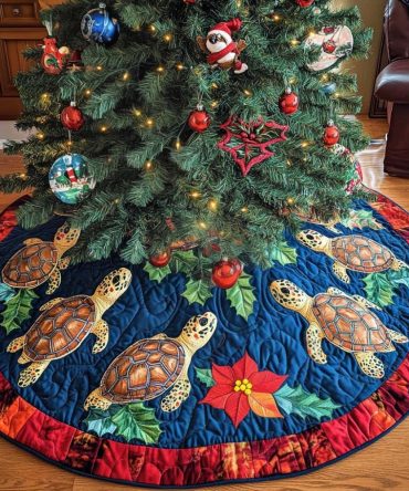 Turtles Journey Quilted Christmas Tree Skirt - Coastal Holiday Base Cover With Turtle Motif, Soft Padded, Easy-Care Design