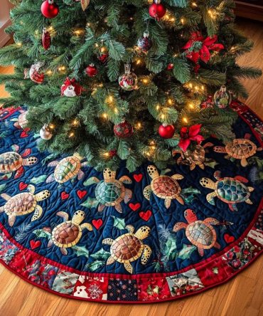 Sea Turtle Quilted Christmas Tree Skirt — Tropical Turtles Holiday Accent, Colorful Quilted Base For Beachy Christmas Trees