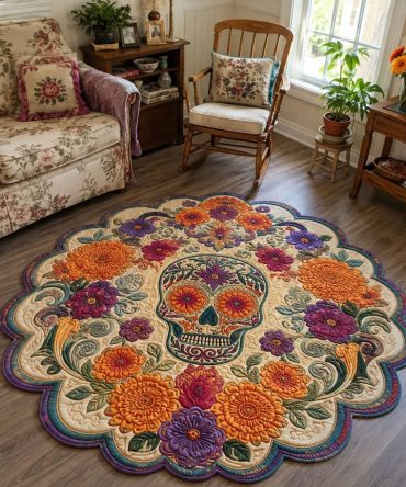 Handcrafted Twilight Marigold Custom-Shaped Area Rug - Vibrant Dia De Los Muertos Marigold Motif, Non-Slip & Stain-Resistant