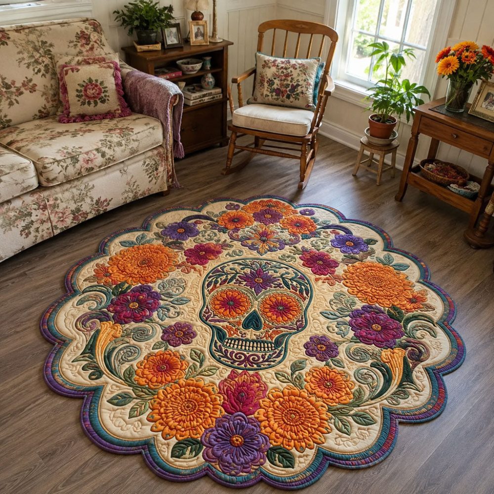 Handcrafted Twilight Marigold Custom-Shaped Area Rug - Vibrant Dia De Los Muertos Marigold Motif, Non-Slip & Stain-Resistant