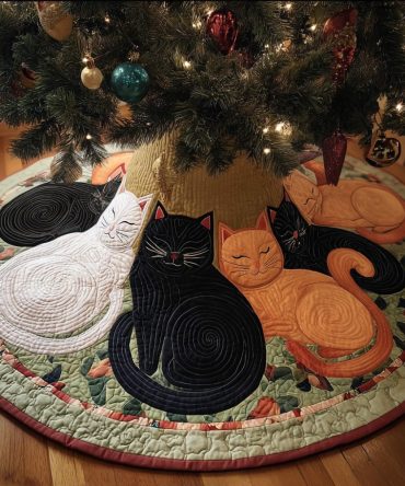 Twilight Whiskers Quilted Tree Skirt — Charming Cat Silhouette Holiday Skirt, Soft Quilting, Playful Seasonal Décor For Pet Lovers