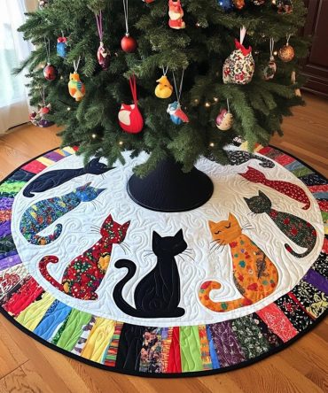 Twilight Whiskers Quilted Christmas Tree Skirt — Elegant Cat Silhouettes Holiday Tree Skirt, 48" Round, Soft Cotton Blend, Washable