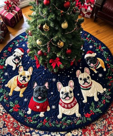 Twinkle Frenchie Lights Quilted Tree Skirt - Sparkling Holiday Accent For French Bulldog Lovers, Soft Quilted Base