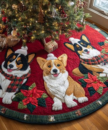 Twinkling Corgi Night Quilted Tree Skirt — Sparkling Corgi Holiday Decor, Soft Cotton-Blend, Machine-Washable, Perfect Gift For Corgi Fans