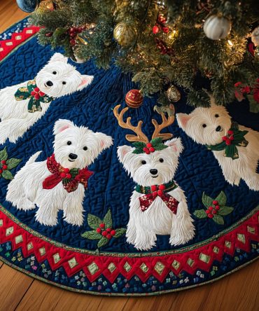 Premium Westie Night Quilted Christmas Tree Skirt — Sparkling Holiday Decor, Soft Cotton-Blend, Machine-Washable, Perfect Pet Lover Gift
