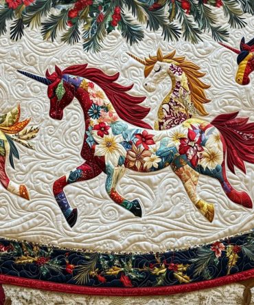 Unicorn Garden Glow Quilted Tree Skirt — Whimsical Unicorn & Floral Design, Magical Holiday Base Cover For Kids’ Rooms & Festive Displays